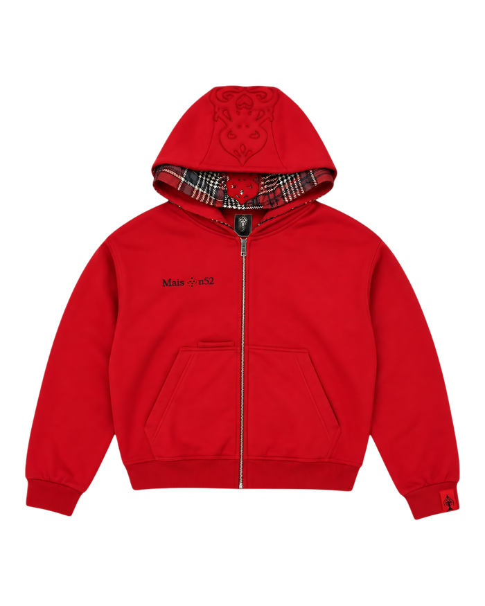 Sweat-shirt zippé rouge Maison52 à double capuche avec doublure tartan, logo brodé et coupe courte boxy.