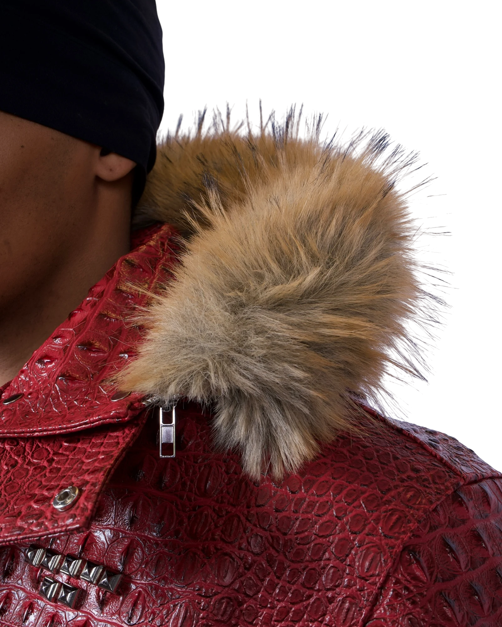 Veste Maison52 rouge en similicuir effet crocodile avec col montant, capuche amovible et bordure en fausse fourrure
