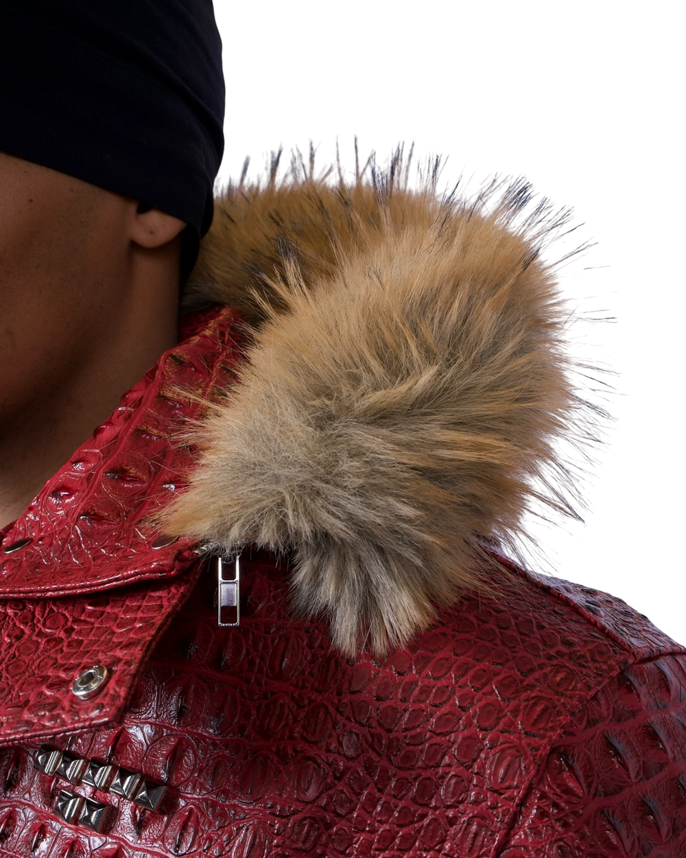 Veste Maison52 rouge en similicuir effet crocodile avec col montant, capuche amovible et bordure en fausse fourrure