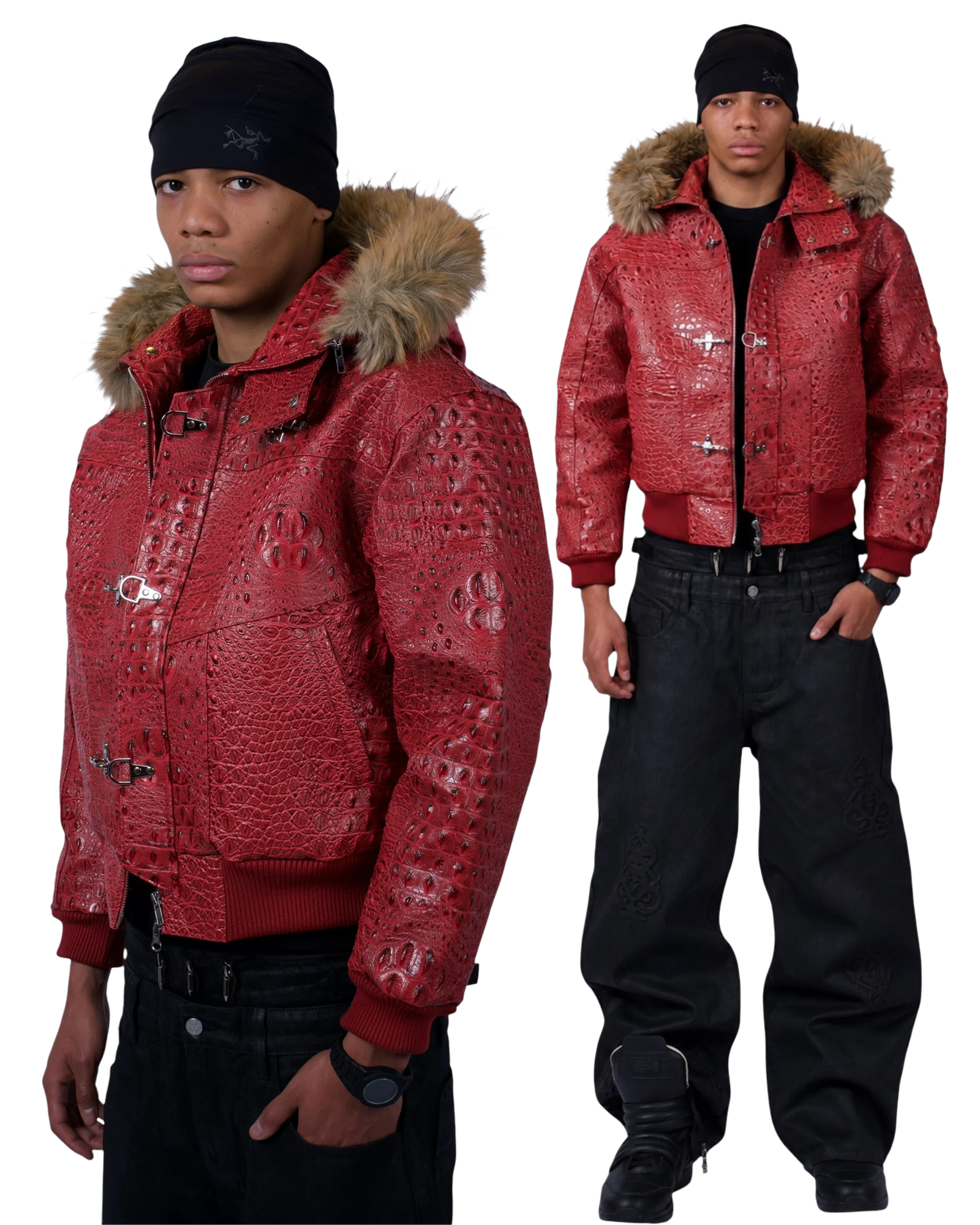 Veste Maison52 rouge en similicuir effet crocodile avec capuche amovible en fourrure et fermoirs style pompier.