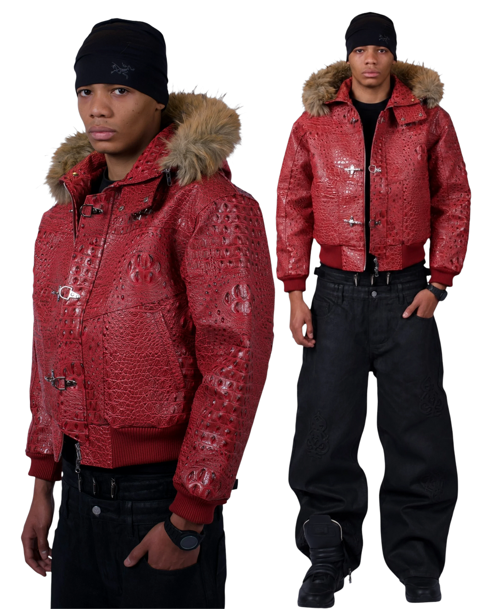 Veste Maison52 rouge en similicuir effet crocodile avec capuche amovible en fourrure et fermoirs style pompier.