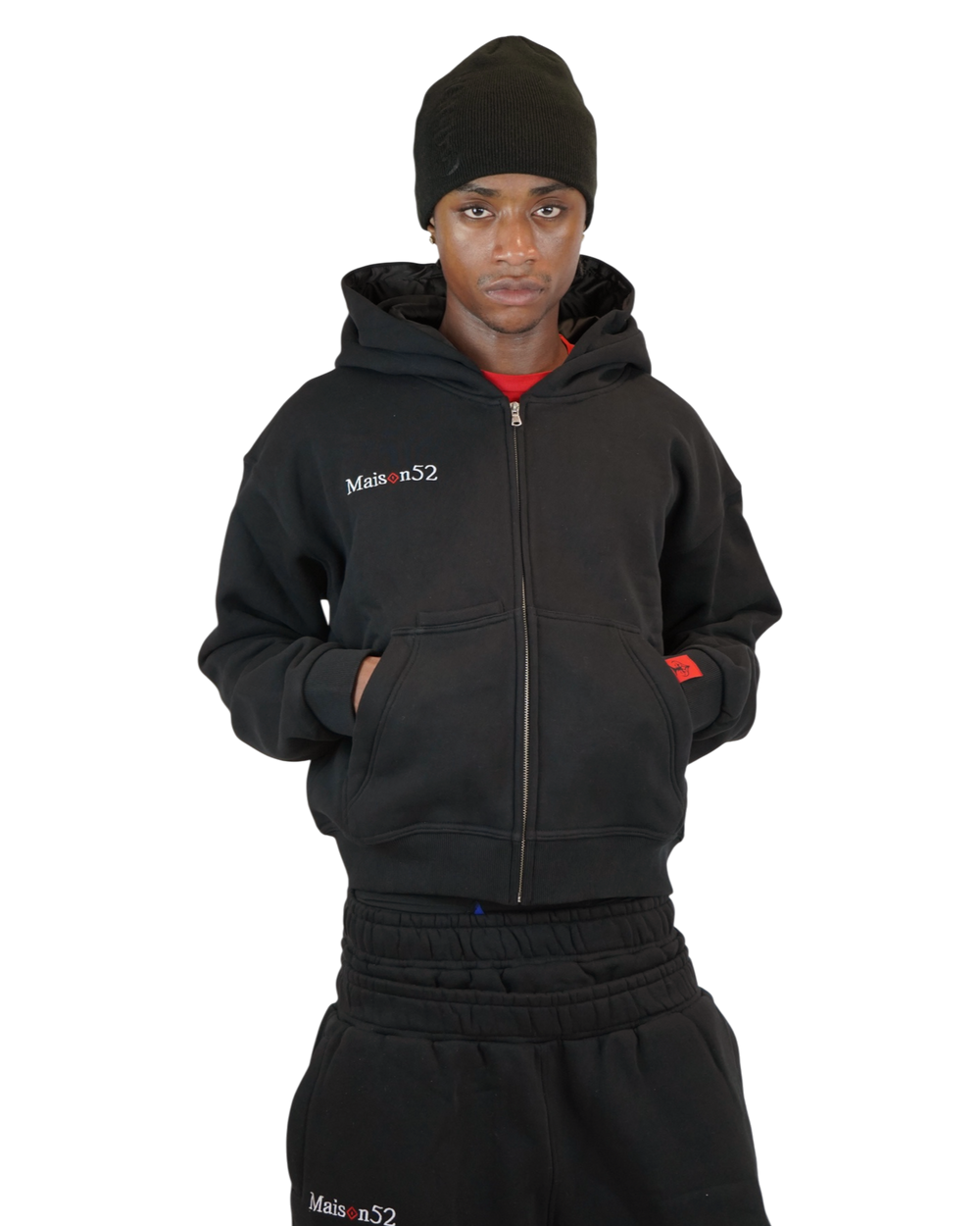 Tracksuit noir Maison52 porté, modèle 1m83 taille M
