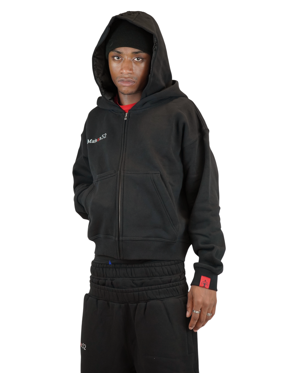 Tracksuit noir Maison52 porté, modèle 1m83 taille M