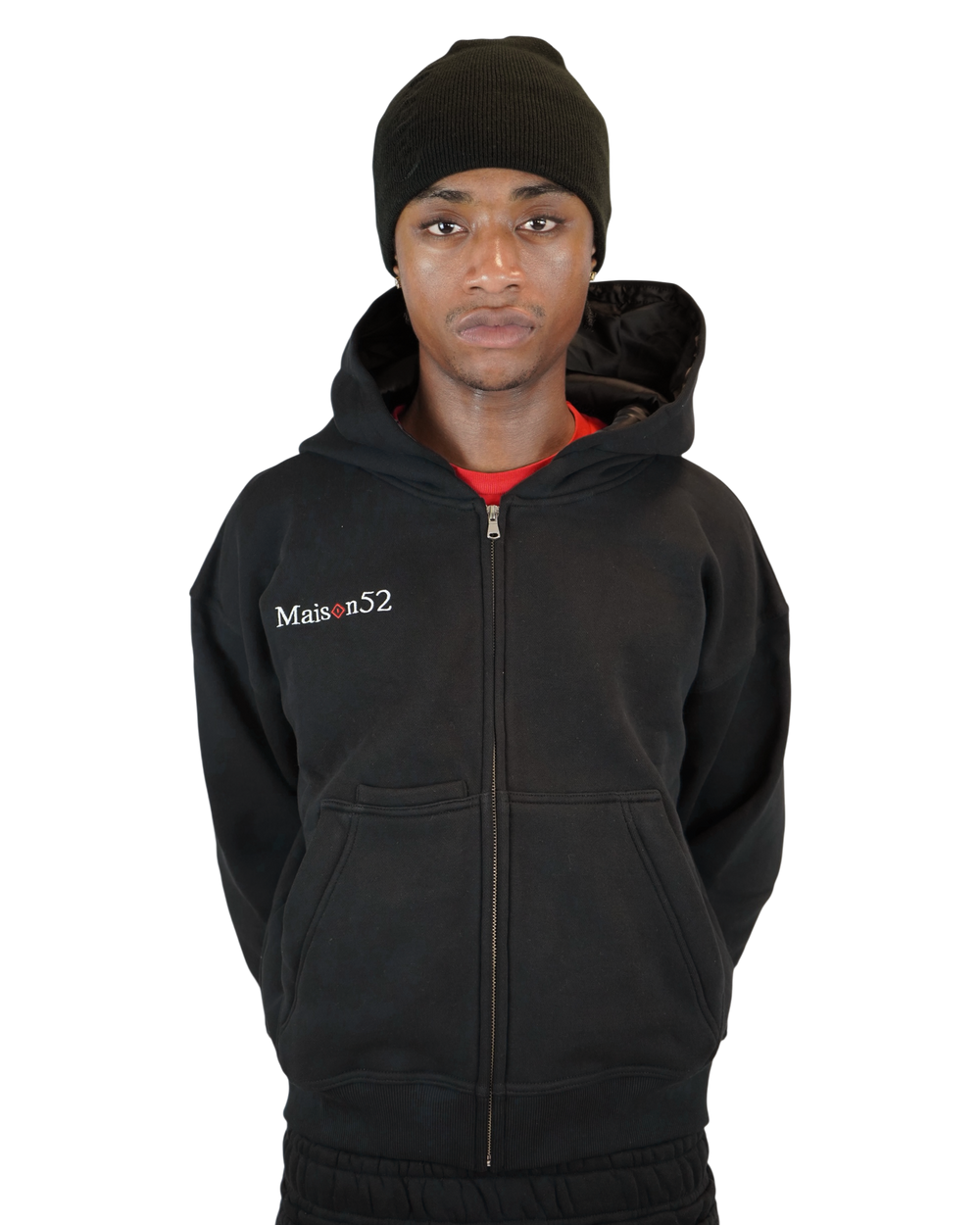 Tracksuit noir Maison52 porté, modèle 1m83 taille M