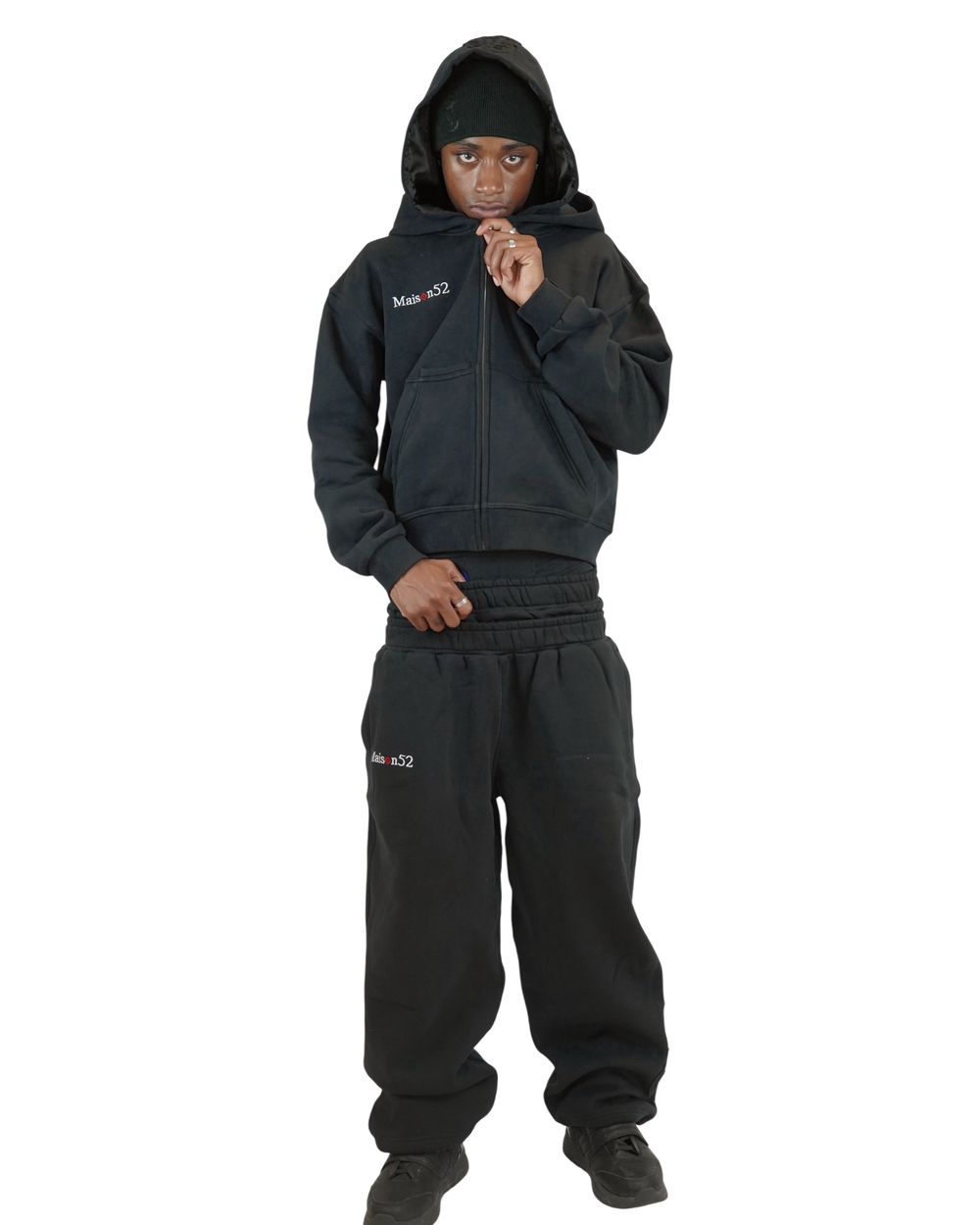 Tracksuit noir Maison52 porté, modèle 1m83 taille M